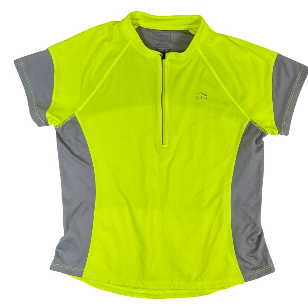 LL Bean Womens Cycling Jersey Neon Yellow Grey 1/4 Zip Short Sleeve Large Reg